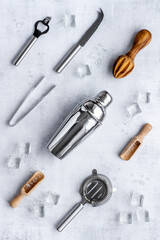 Cocktail bar utensils and tools with shaker, strainer and ice