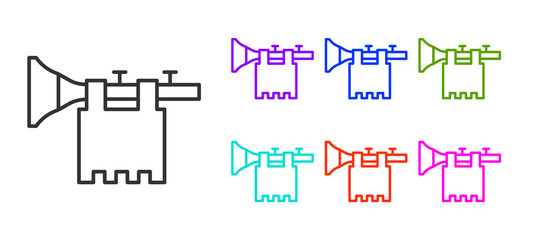 Black line Trumpet with flag icon isolated on white background. Musical instrument trumpet. Set icons colorful. Vector.