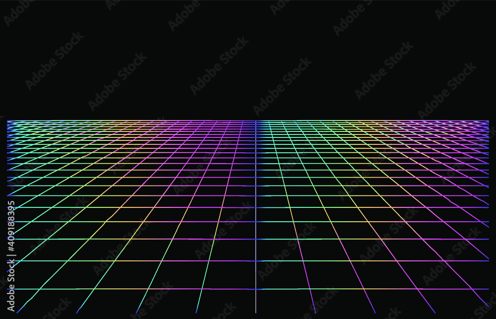 Fototapete retrowave and synthwave style background with neon laser grid extending to the horizon.