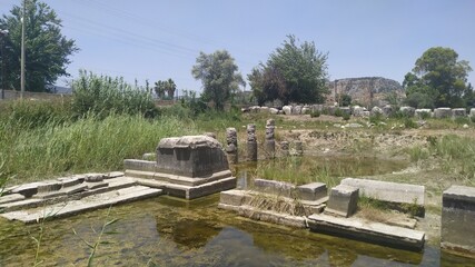 Ruins of Letoon ancient city at location Kumluova, Seydikemer, Mugla, Turkey. Letoon added as a...