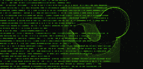 Abstract technology background with binary code and mesh made of particles. Glitched computer screen with scientific drawings. 