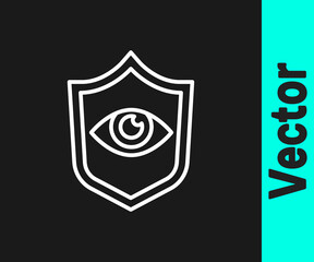 White line Shield and eye icon isolated on black background. Security, safety, protection, privacy concept. Vector.