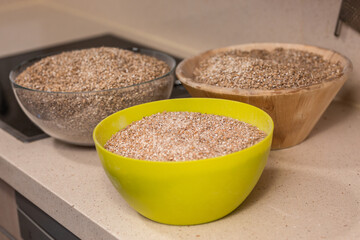 bowls with barley malt and wheat malt for brewing beer