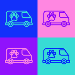 Pop art line Veterinary ambulance icon isolated on color background. Veterinary clinic symbol. Vector.