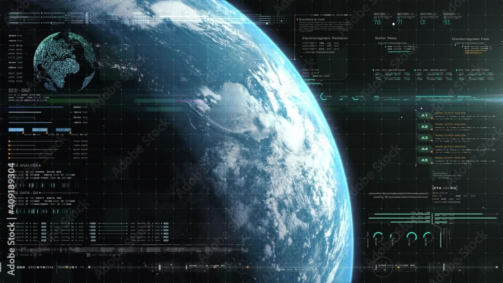 Poster Futuristic motion graphic user interface head up display screen with Holographic Earth and digital data telemetry information display for digital background computer desktop display screen