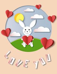 Happy Valentines Day - A Little Bunny With Greal Love - Vector Illustration Cut Paper Postcard. Paper art and digital craft style illustration, greeting card, design for notepad, diary, notebook.