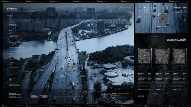Scan Progress. The live camera footage is broadcasted. Gathering Target Info. Identifying the target’s car on the bridge that is crossing a river. Confirming the agents for the job. User Interface.