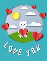 Happy Valentines Day - A Little Kitty With Greal Love - Vector Illustration Cut Paper Postcard. Paper art and digital craft style illustration, greeting card, design for notepad, diary, notebook.