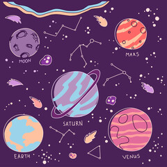 Constellation planets set, earth, moon, satrn, venus, mars., cartoon solar system. Night sky.