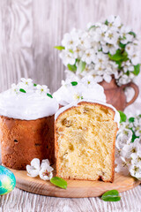 Easter yeast cake with icing, delicious Easter dessert, traditional Easter pastries. Happy Easter concept