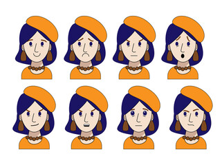 The emotions of a young and beautiful girl in an orange beret are isolated on a white background. Vector illustration in cartoon style. joy, cunning, anger, anger, sadness, surprise, contempt, calm.