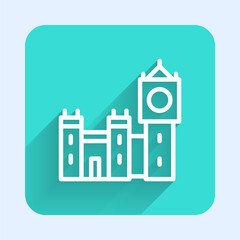 White line Big Ben tower icon isolated with long shadow. Symbol of London and United Kingdom. Green square button. Vector.