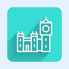 Fototapeta premium White line Big Ben tower icon isolated with long shadow. Symbol of London and United Kingdom. Green square button. Vector.