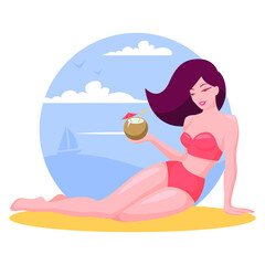 Beautiful woman with a cocktail sitting on the tropical beach. Vector illustration