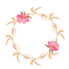 Watercolor hand painted nature circle border frame with red rose flowers and leaves on a branch wreath bouquet
