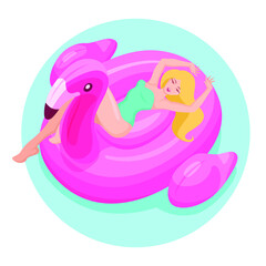 Obraz na płótnie Canvas Woman swimming on pink flamingo float circle in blue ocean waves. Vector illustration