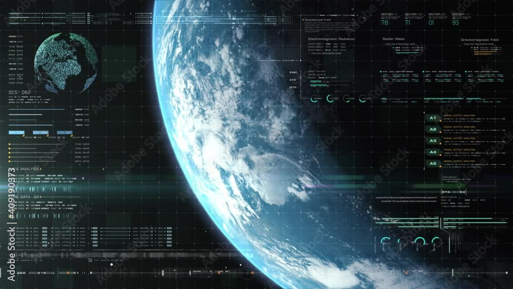 Fototapete Futuristic motion graphic user interface head up display screen with Holographic Earth and digital data telemetry information display for digital background computer desktop display screen