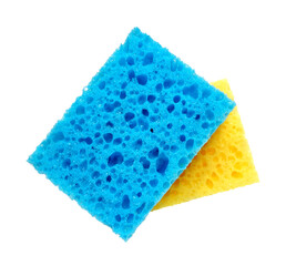 Blue and yellow rectangular porous washing sponges isolated on a white background