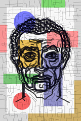 Abstract line surreal face. Modern art creative concept image with ancient statue head. Crazy contemporary drawing in modern cubism style. Pop art poster. Zine culture. Funky minimalist. Old man.
