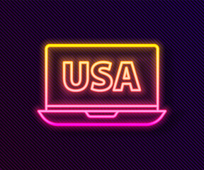 Fototapeta na wymiar Glowing neon line USA United states of america on laptop icon isolated on black background. Vector.