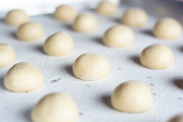 Fototapeta na wymiar pattern of donnut dough on bake sheet with white flour