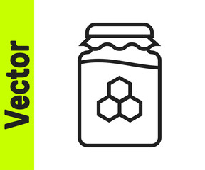 Black line Jar of honey icon isolated on white background. Food bank. Sweet natural food symbol. Vector.