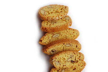 Traditional Italian Cantucci or Cantuccini cookies with almonds isolated on white background