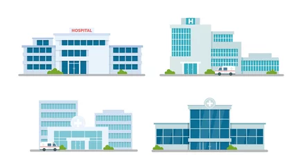 Foto op Plexiglas Auto cartoon Hospital building medical office vector illustration set. Cartoon modern medicine clinic skyscrapers collection, outdoor facade hospital exterior with ambulance car and big windows isolated on white.
