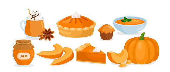 Pumpkin food menu. Cartoon raw and cooked pumpkin dishes collection with vegetable slices and soup, cream pie, jam, hot sweet drink with cinnamon and spices isolated on white.
