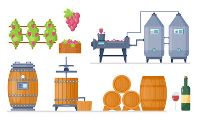 Wine production process in winery factory manufacture vector illustration set. Cartoon processing line with growing grapes, fermentation machine, pressing and storage wine product in wooden barrels.