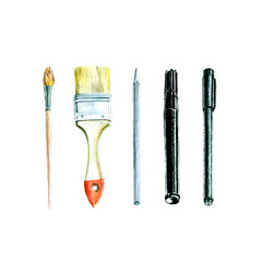 Hand draw art tools. Watercolor brush, ink pen, marker, pencil, acrylic brush