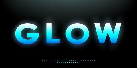 Blue glowing bold font. Futuristic vibrant gradient English letters, numbers, and symbols. Design for title, banner, poster, etc. Vector illustration.