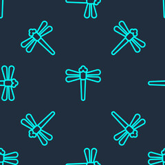 Green line Dragonfly icon isolated seamless pattern on blue background. Vector.