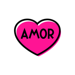 Día de San Valentín. Logotipo con texto hecho a mano Amor en español en corazón con lineas en color rosa y negro