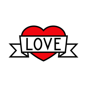 Día de San Valentín. Logotipo con texto hecho a mano Love escrito en listón en corazón con lineas en color rojo y negro