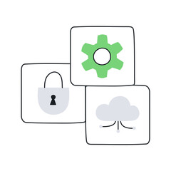SaaS, cloud solutions, network security, cloud server, and settings. Padlock, cogwheel, cloud icons. Flat thin outline vector illustration on white.