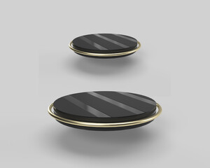 Black material cylinder scene with gold rims around, 3D render with 2 geometrical shapes on the grey background