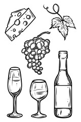 Wine set, hand drawn monochrome vector