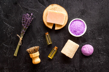 Naklejka na ściany i meble Lavender essential oil soap and sea salt, top view