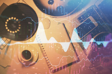 Multi exposure of forex chart drawing and work table top veiw. Concept of financial analysis.