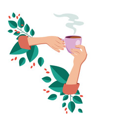Vector illustration drinking coffee. Tea coffee break, mug, hands top view in a cafe. Female.