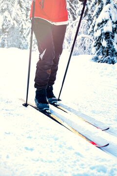 Cross-country skiing. Person in motion through a skiing slope in a winter wonderland on a bright sunny day.