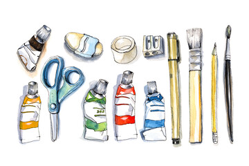 Watercolor art tools set. Sketch style isolated on a white background.