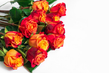 Red and yellow roses isolated on white background. Flat lay, top view, free copy space. - 409195979