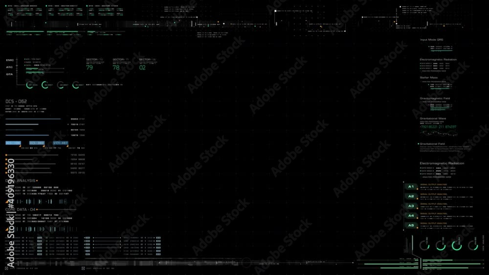 Poster Futuristic motion graphic user interface head up display screen template, digital data telemetry information display with alpha channel for graphic overlay