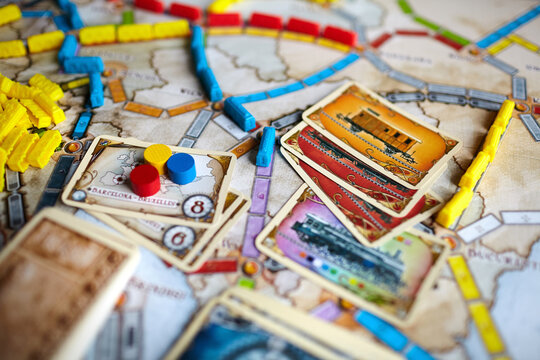 Minsk, Belarus - January 26, 2021: Ticket to ride Europe boad game