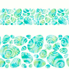 Watercolor turquoise eggs on white background. Horizontal seamless border. Isolated on white background. Hand-painted texture with spiral, splashes, drops, gradients. Watercolor stock illustration.