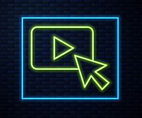 Glowing neon line Advertising icon isolated on brick wall background. Concept of marketing and promotion process. Responsive ads. Social media advertising. Vector.