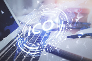 Double exposure of crypto technology drawing and desktop with coffee and items on table background. Concept of blockchain