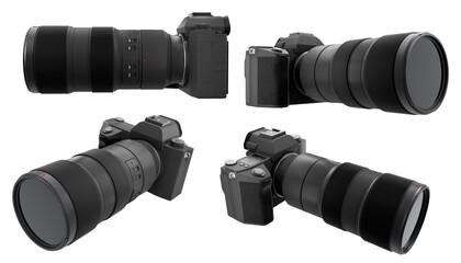 Concept of nonexistent DSLR camera with lens isolated on a white background.